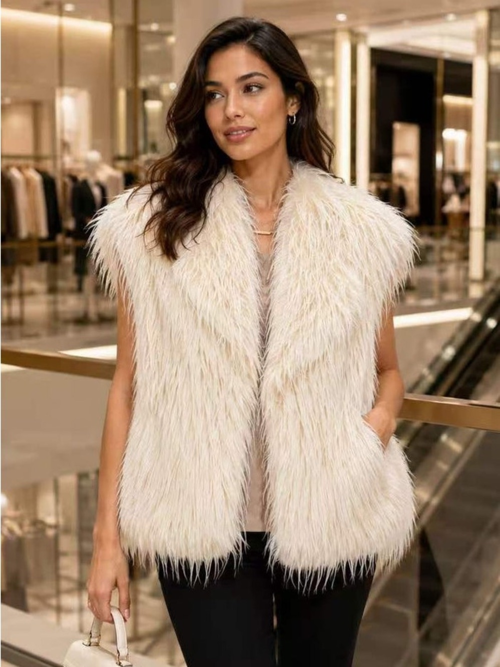 Faux Fur Sleeveless Vest in Cream